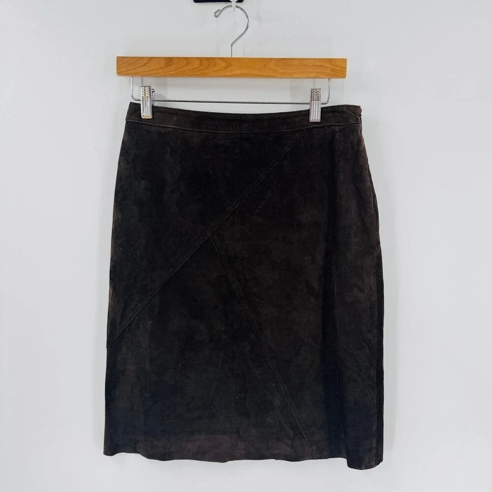 Vintage Kate Hill‎ Suede Skirt 8P Petite 100% Leather Classic Brown Timeless